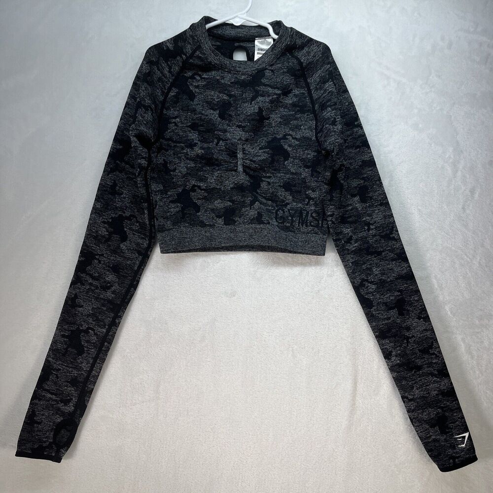 Gymshark Crop Top Women's Size Small S Gray Black Camo Shirt Adapt Seamless Crop